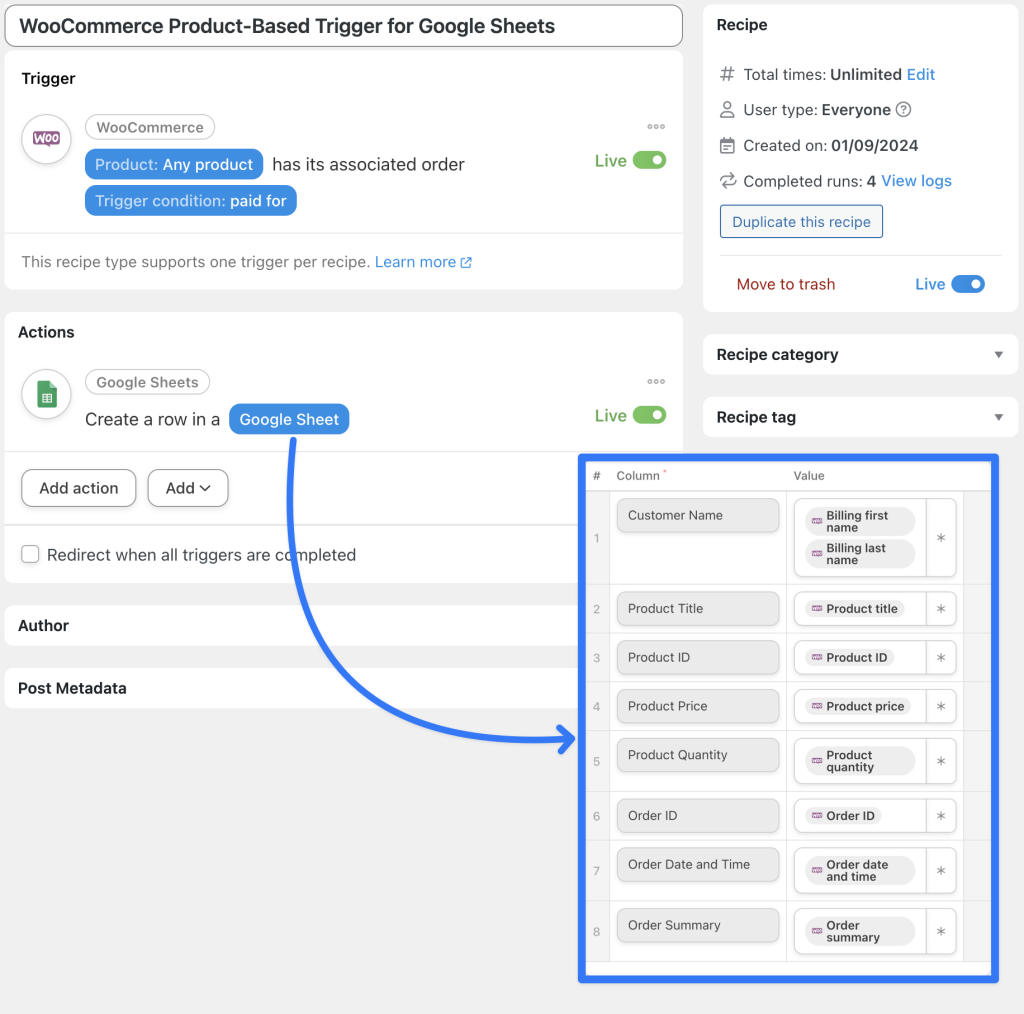 woocommerce-product-based-trigger-for-google-sheets-recipe