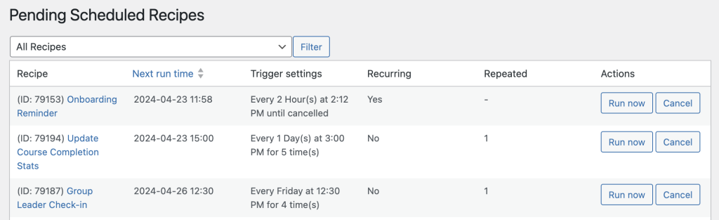 Scheduled Recipe List