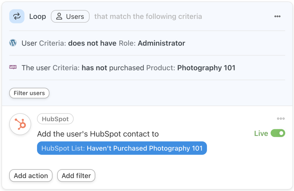 automator-user-loop-add-hubspot-contact-to-a-list-action-live