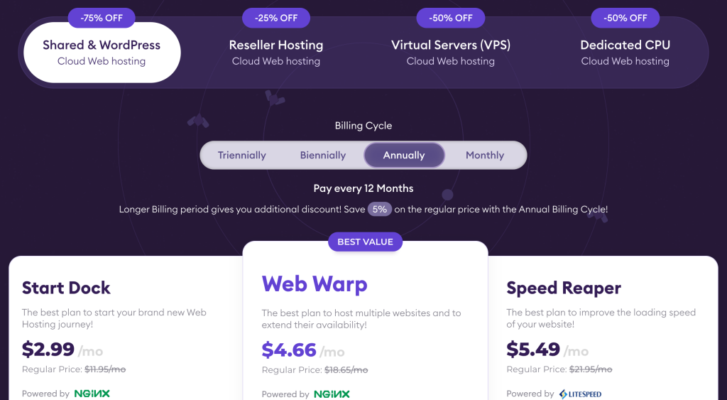 HostArmada pricing table showcasing discounted cloud web hosting plans, including WordPress hosting. A strong contender among the best WordPress web hosts for affordability.