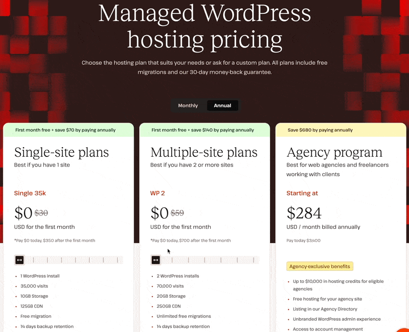 Kinsta pricing table for managed WordPress hosting, featuring single-site, multi-site, and agency plans. A top choice among the best WordPress web hosts with free migrations and CDN.