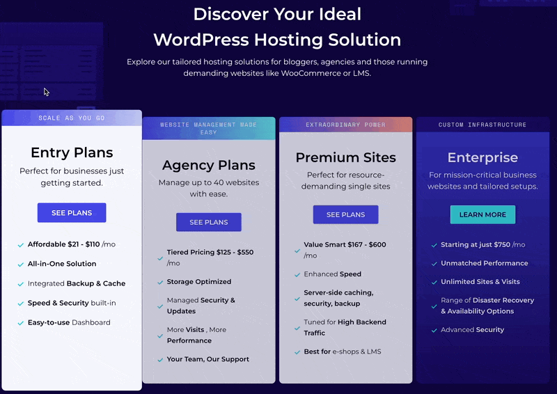 Pressidium pricing table showcasing WordPress hosting plans for businesses, agencies, and enterprises. A premium choice among the best WordPress web hosts for speed and security.