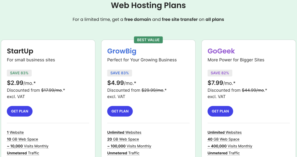 Siteground's pricing table showcasing web hosting plans from one of the best WordPress web hosts, featuring StartUp, GrowBig, and GoGeek plans with discounted prices and features.