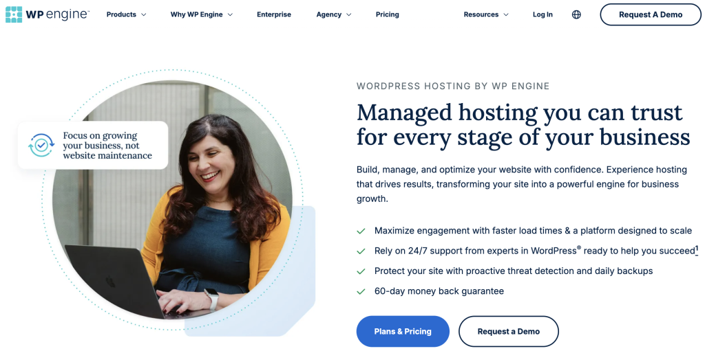 A WP Engine homepage banner showcasing its managed hosting services, emphasizing speed, security, and expert support. WP Engine is widely considered one of the best WordPress web hosts for businesses.