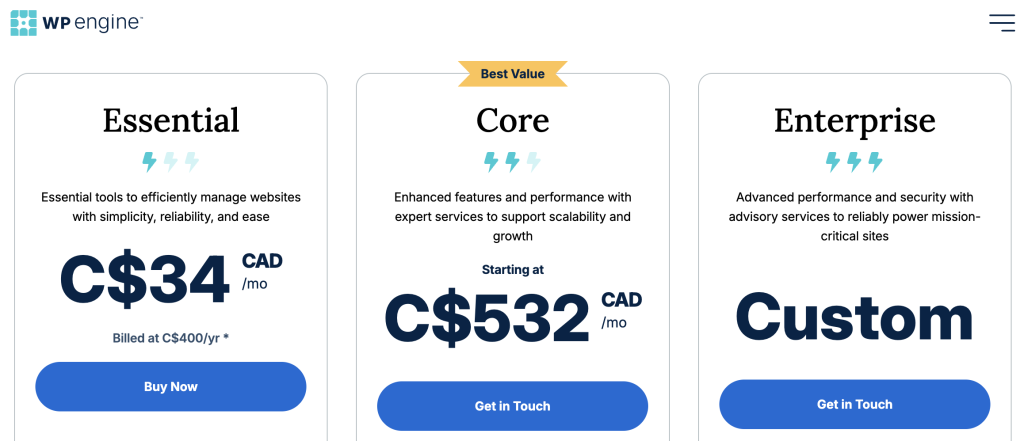 WPEngine pricing table.