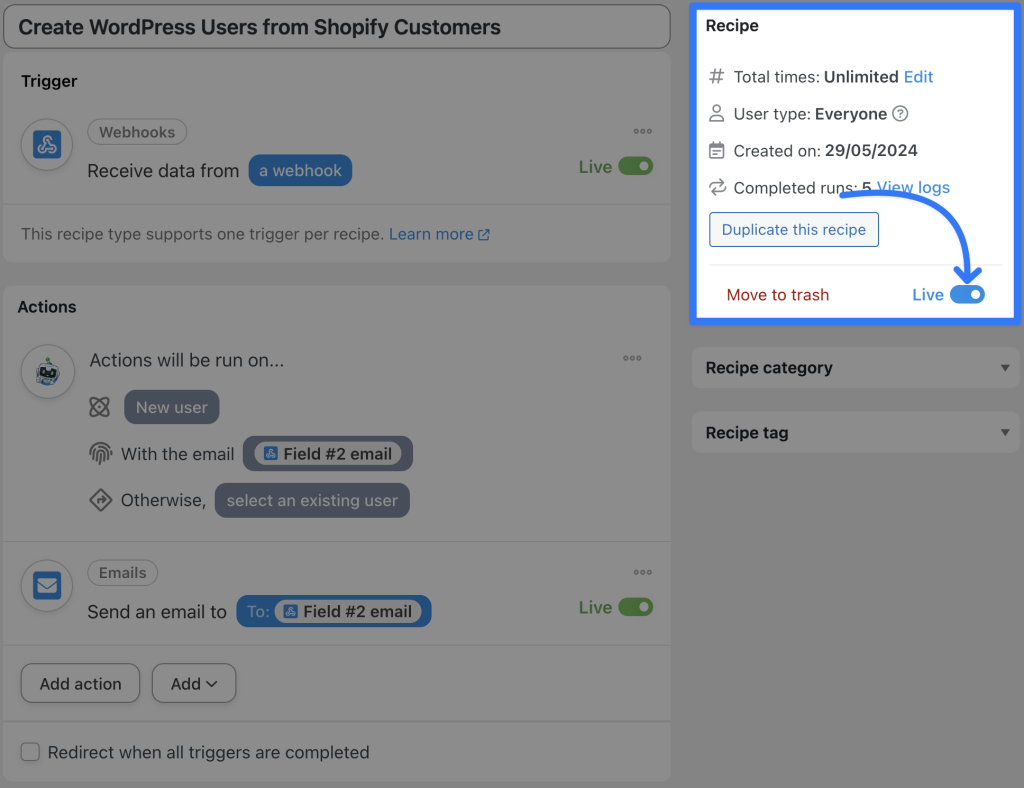 connect-shopify-to-wordpress-customer-to-user-recipe-live