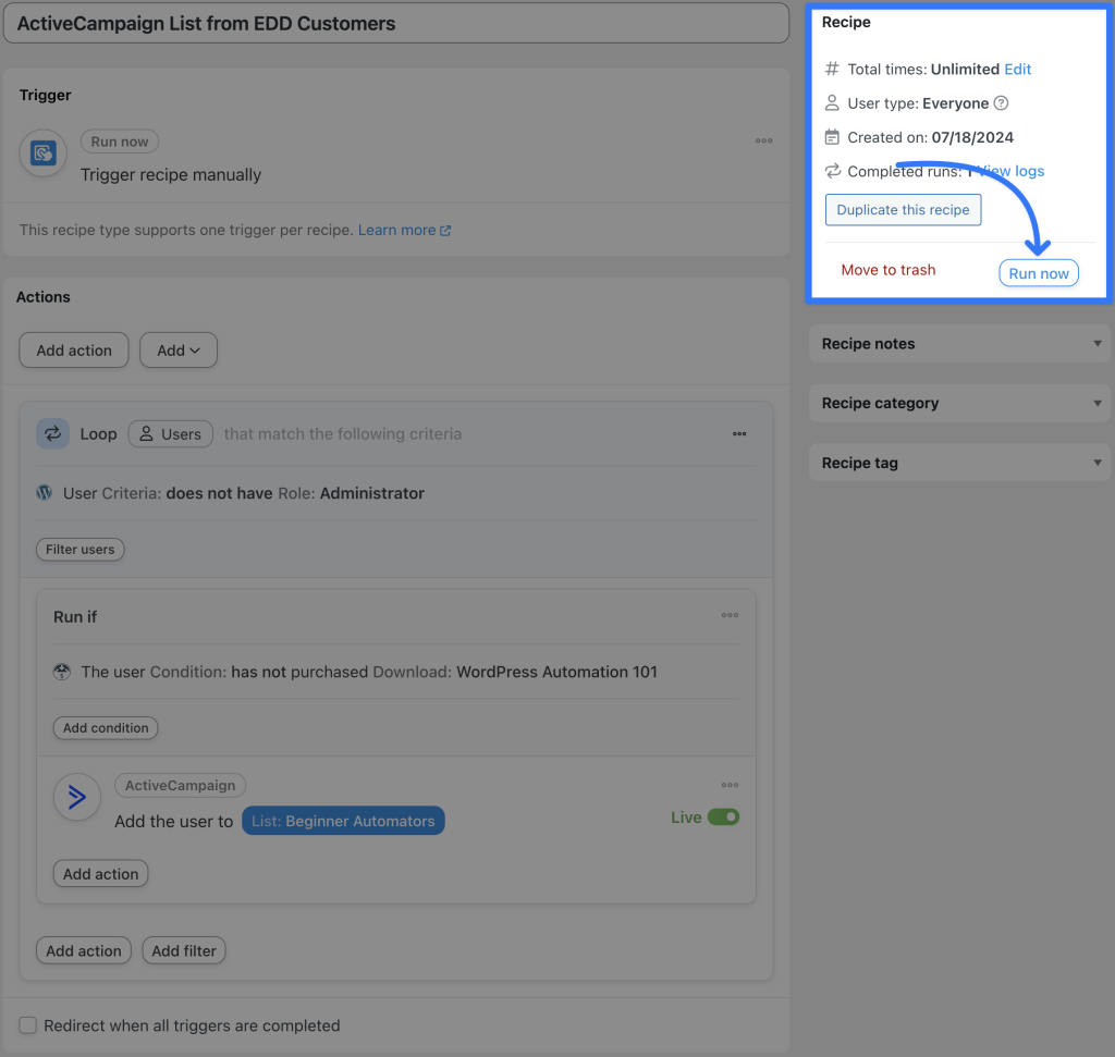 connect-edd-to-activecampaign-recipe-2-run-now connect-edd-to-activecampaign-recipe-2-run-now