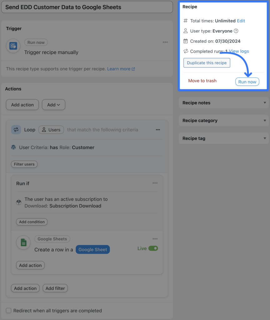 connect-edd-to-google-sheets-recipe-2-run-now