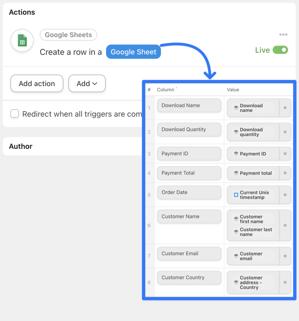 google-sheets-action-create-a-row-with-edd-tokens