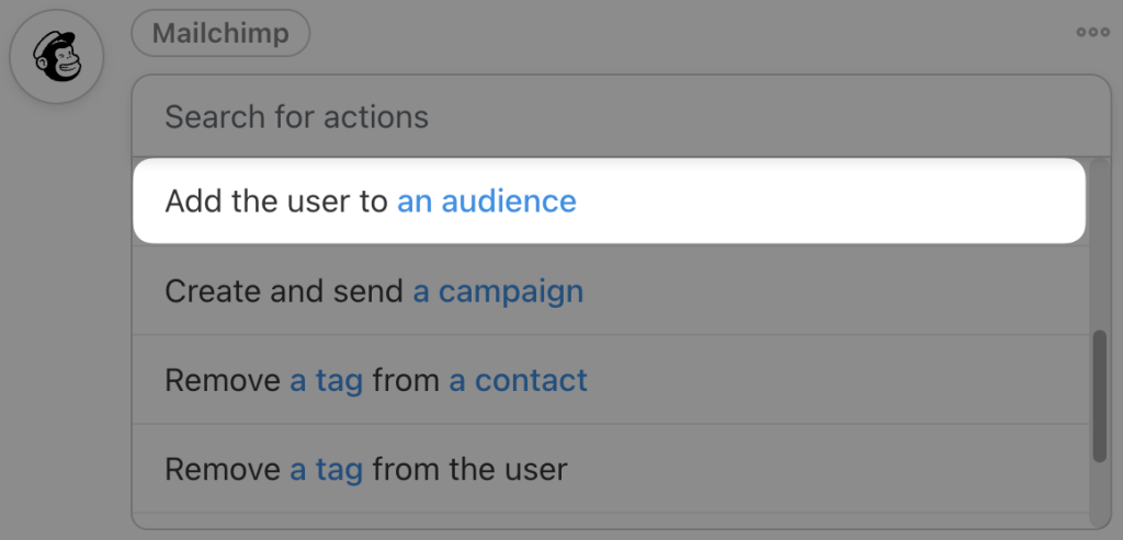 Automator action dropdown list for Mailchimp, highlighting the action “Add the user to an audience”.