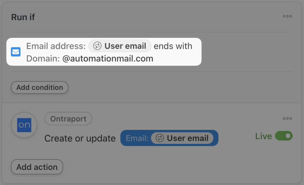ontraport-action-filter-email-ends-with-domain