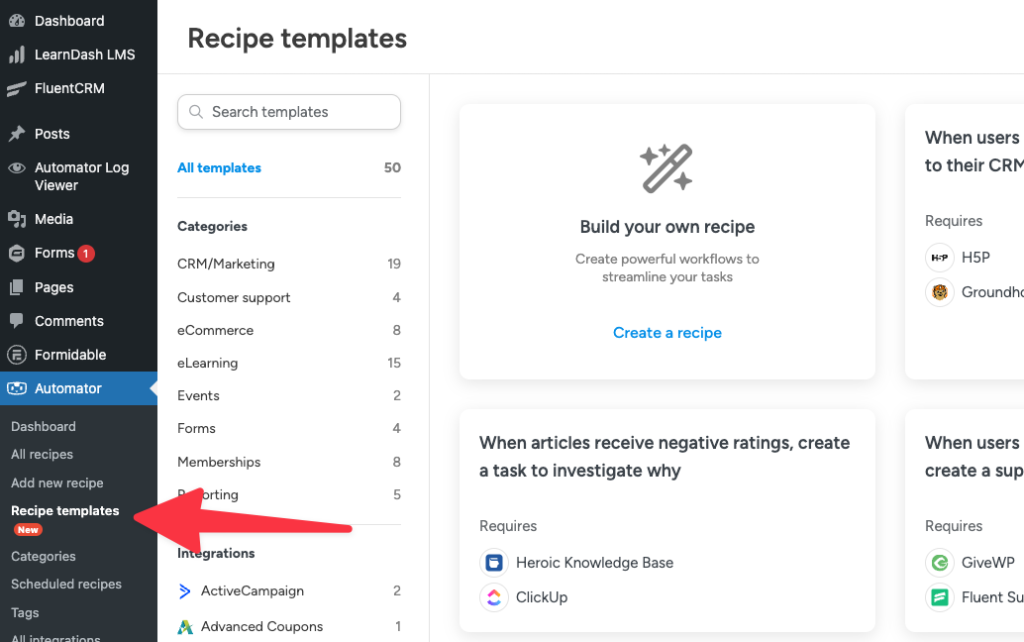 Recipe template library