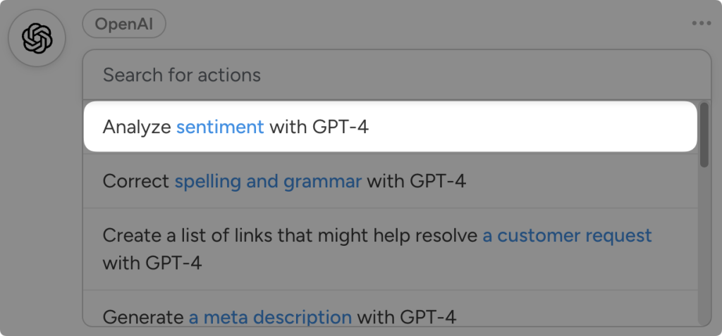 openai-action-analyze-sentiment Dropdown list of OpenAI actions in Uncanny Automator. The user has highlighted the action "Analyze sentiment with GPT-4".