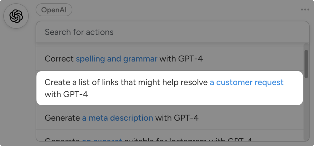 openai-action-create-list-of-links-to-resolve-customer-request Dropdown list of OpenAI actions in Uncanny Automator. The user has highlighted the action "Create a list of links that might help resolve a customer request with GPT-4".