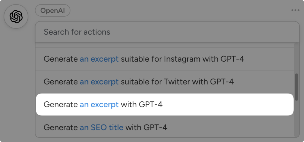 openai-action-generate-excerpt-with-gpt-4 Dropdown list of OpenAI actions in Uncanny Automator. The user has highlighted the action "Generate an an excerpt with GPT-4".