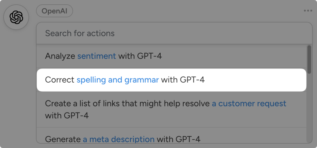 openai-actions-correct-spelling-grammar Dropdown list of OpenAI actions in Uncanny Automator. The user has highlighted the action "Correct spelling and grammar with GPT-4".