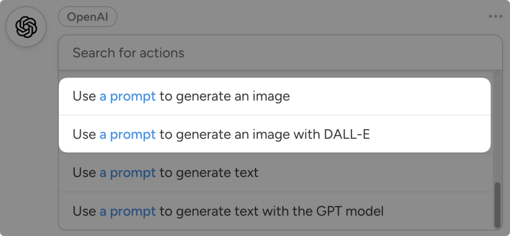 openai-actions-use-prompt-to-generate-image Dropdown list of OpenAI actions in Uncanny Automator. The user has highlighted two actions that can generate images from a text prompt.