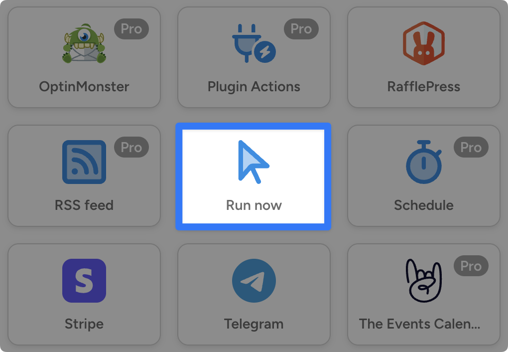 run-now-integration Grid of WordPress integrations including OptinMonster, Stripe, and Telegram. The user has highlighted the Automator integration "Run now".