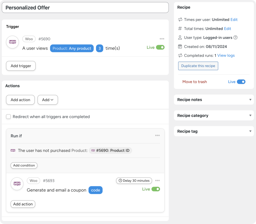 woocommerce-automation-personalized-email-offer-automator-recipe