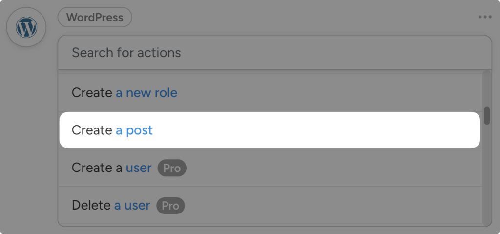 wordpress-action-create-post Dropdown list of WordPress actions in Uncanny Automator. The user has highlighted the action "Create a post".