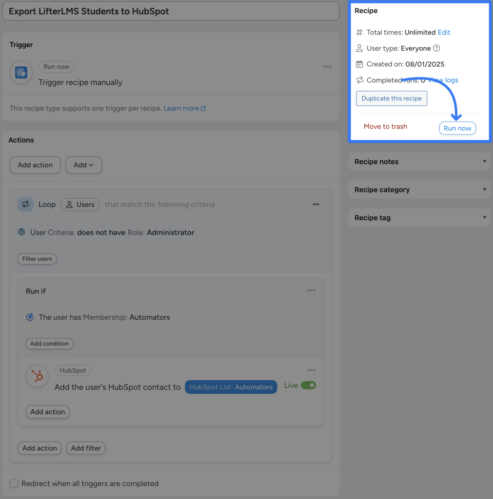 export-lifterlms-students-to-hubspot-run-now