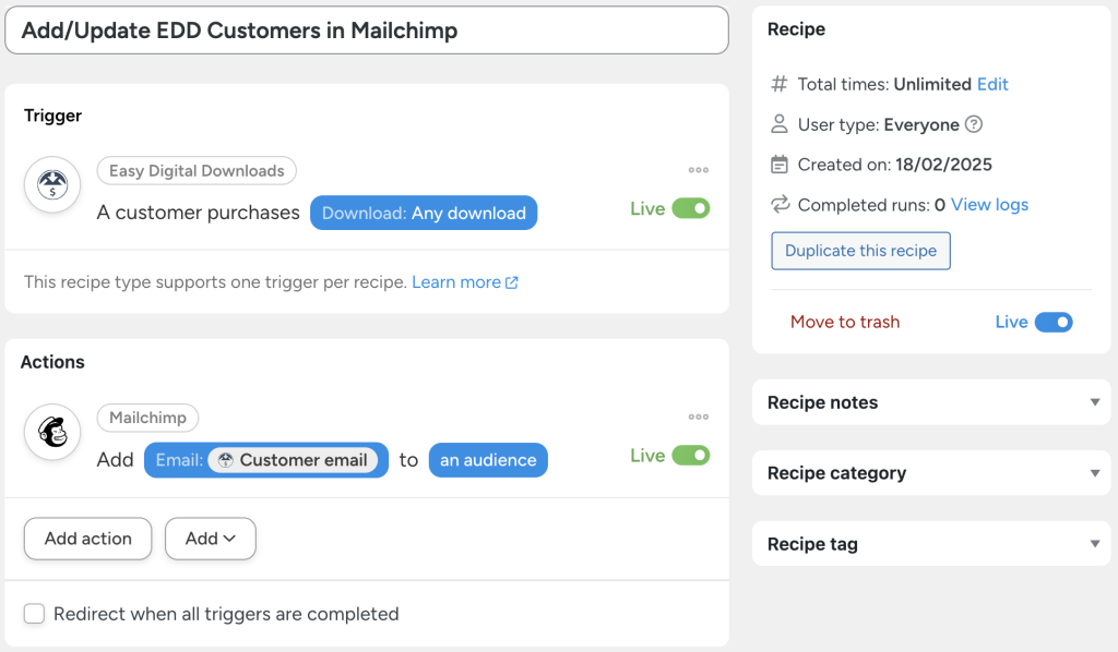 Uncanny Automator recipe titled 'Add/Update EDD Customers in Mailchimp.' The recipe has a trigger from Easy Digital Downloads, where a customer purchasing any download activates the workflow. The action adds the customer's email to a Mailchimp audience.