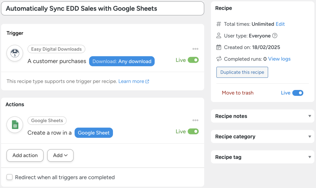 Uncanny Automator recipe titled 'Automatically Sync EDD Sales with Google Sheets.' The recipe has a trigger from Easy Digital Downloads, where a customer purchasing any download activates the workflow. The action creates a new row in a Google Sheet with the order information.