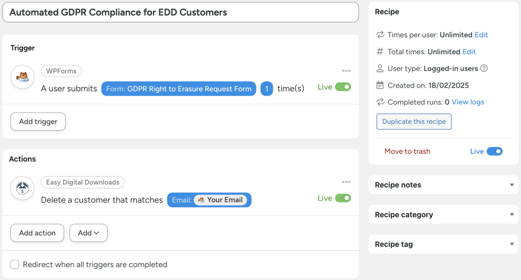 Uncanny Automator recipe titled 'Automated GDPR Compliance for EDD Customers.' The recipe has a trigger from WPForms, where a user submitting the 'GDPR Right to Erasure Request Form' activates the workflow. The action deletes a customer in Easy Digital Downloads that matches the submitted email address.