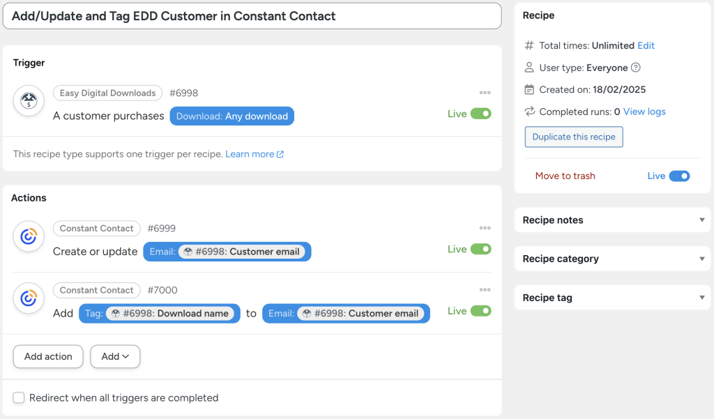 Uncanny Automator recipe titled 'Add/Update and Tag EDD Customer in Constant Contact.' This EDD automation triggers when a customer purchases any download through Easy Digital Downloads. The first action creates or updates the customer's email in Constant Contact. The second action adds a tag based on the download name to the same customer email, streamlining how businesses automate EDD customer segmentation.