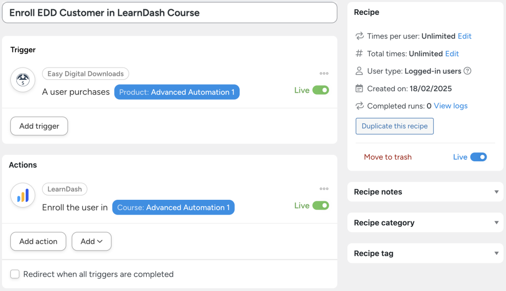 Uncanny Automator recipe titled 'Enroll EDD Customer in LearnDash Course.' This EDD automation triggers when a customer purchases the 'Advanced Automation 1' product in Easy Digital Downloads. The action enrolls the user in the corresponding LearnDash course, helping businesses automate EDD workflows for seamless course enrollment.