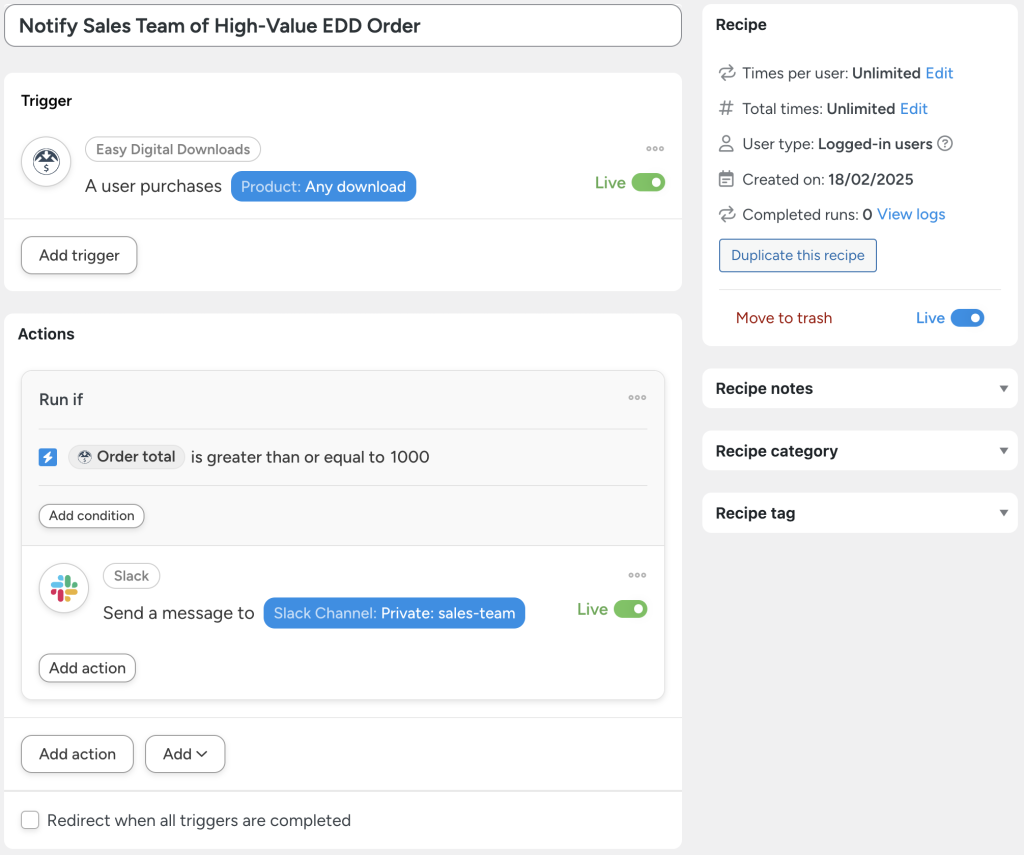 Uncanny Automator recipe titled 'Notify Sales Team of High-Value EDD Order.' This EDD automation triggers when a customer purchases any download in Easy Digital Downloads. If the order total is $1,000 or more, the action sends a message to a private Slack channel for the sales team, helping businesses automate EDD order notifications for high-value transactions.