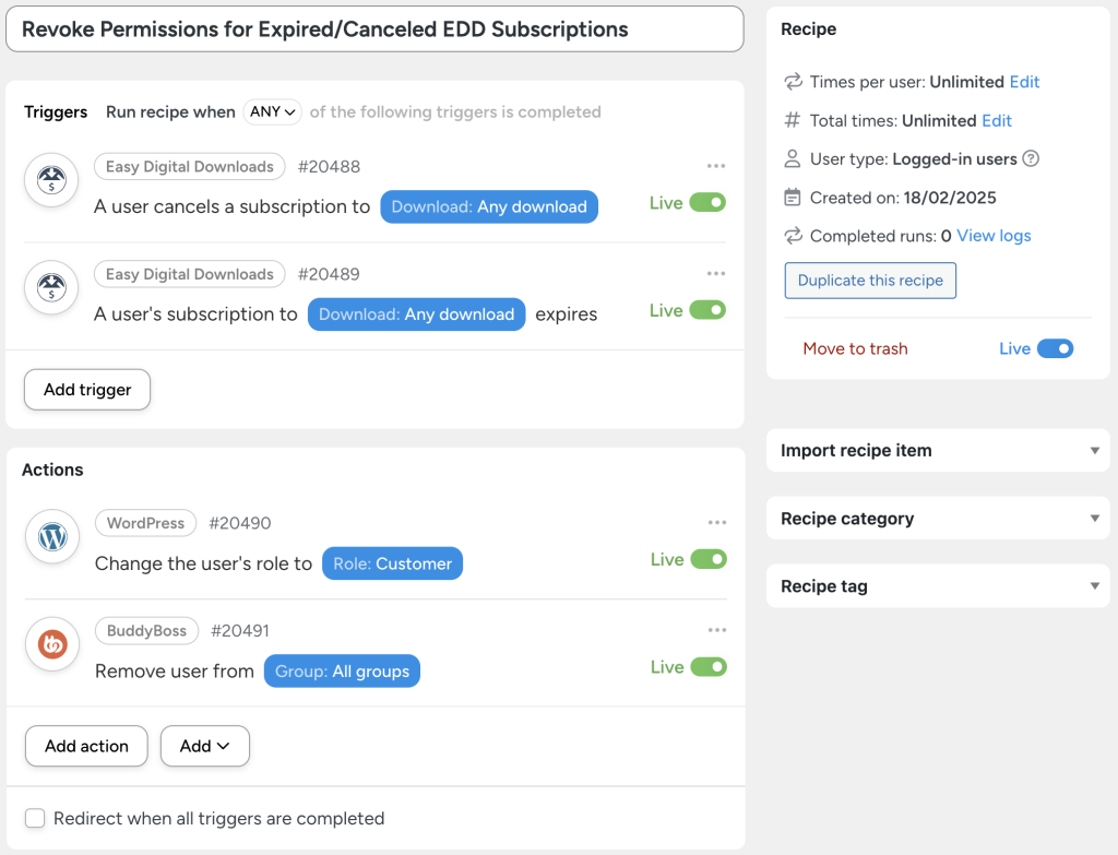Uncanny Automator recipe titled 'Revoke Permissions for Expired/Canceled EDD Subscriptions.' This EDD automation triggers when a user cancels a subscription or when their subscription expires in Easy Digital Downloads. The actions change the user's role in WordPress to 'Customer' and remove them from all BuddyBoss groups, helping site owners efficiently automate EDD subscription management and enforce access restrictions.