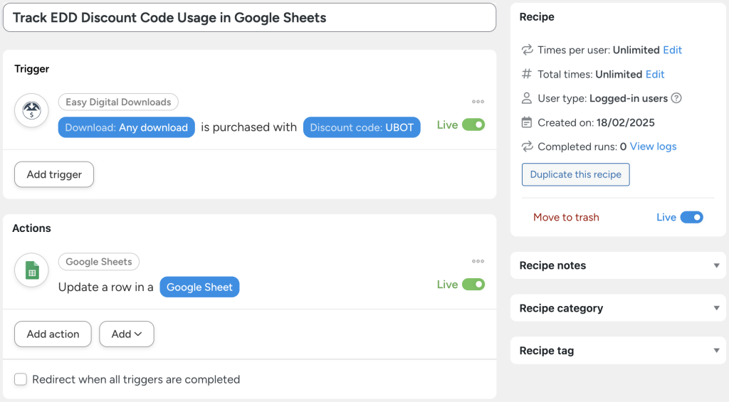 Uncanny Automator recipe titled 'Track EDD Discount Code Usage in Google Sheets.' This EDD automation triggers when a customer purchases any download using the discount code 'UBOT' in Easy Digital Downloads. The action updates a row in a Google Sheet, allowing businesses to efficiently automate EDD discount tracking and monitor coupon usage in real-time.