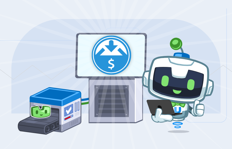 Uncanny Automator promotional image featuring its mascot holding a tablet next to an automation system processing Easy Digital Downloads (EDD) transactions. The EDD logo is displayed on a large screen, symbolizing streamlined workflows. This visual highlights how businesses can automate EDD processes to improve efficiency and manage digital sales effortlessly.