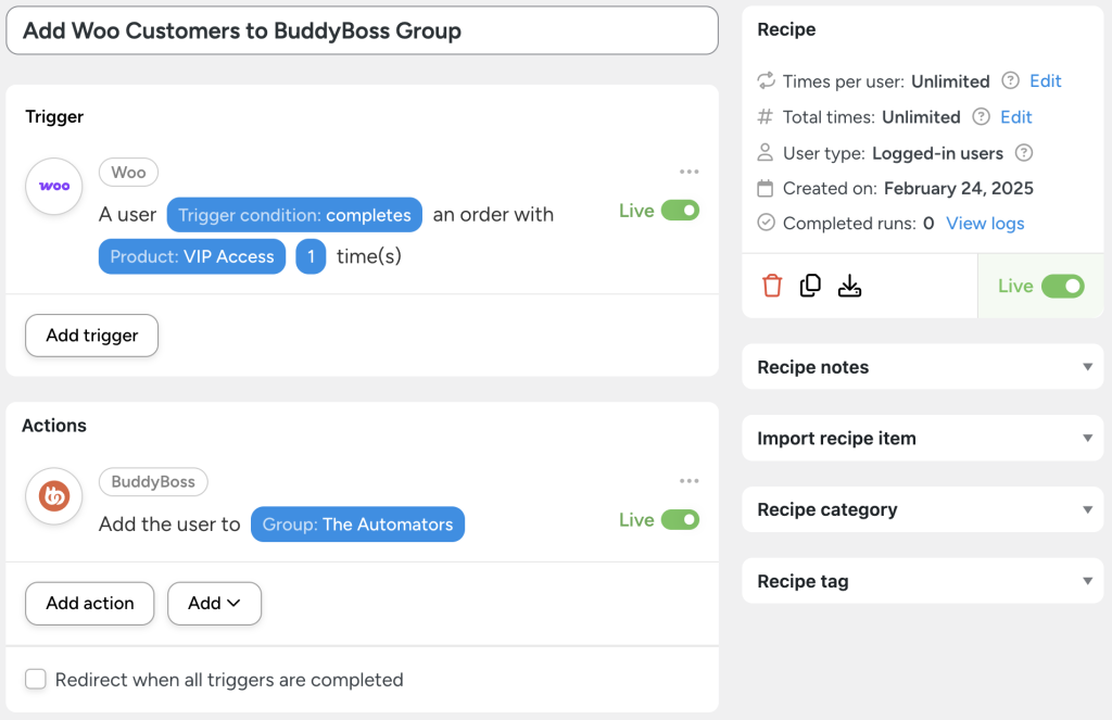 add-woo-customers-to-buddyboss-group Uncanny Automator recipe titled 'Add Woo Customers to BuddyBoss Group.' This setup uses the BuddyBoss WooCommerce integration to automate community access. The trigger activates when a user completes a WooCommerce order for the 'VIP Access' product. The action then adds the user to 'The Automators' group in BuddyBoss, making it easy to connect BuddyBoss to WooCommerce for seamless membership automation.