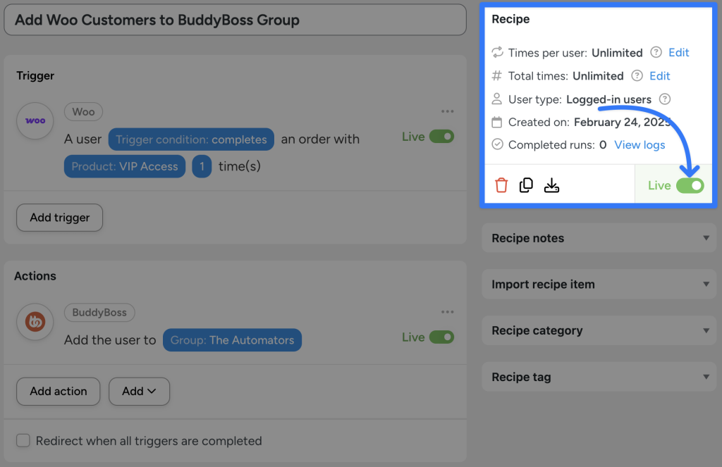 add-woo-customers-to-buddyboss-group-live Uncanny Automator recipe titled 'Add Woo Customers to BuddyBoss Group,' with the 'Live' status toggle highlighted. The highlighted section emphasizes the recipe's active status, demonstrating how to connect BuddyBoss to WooCommerce for automated group memberships.