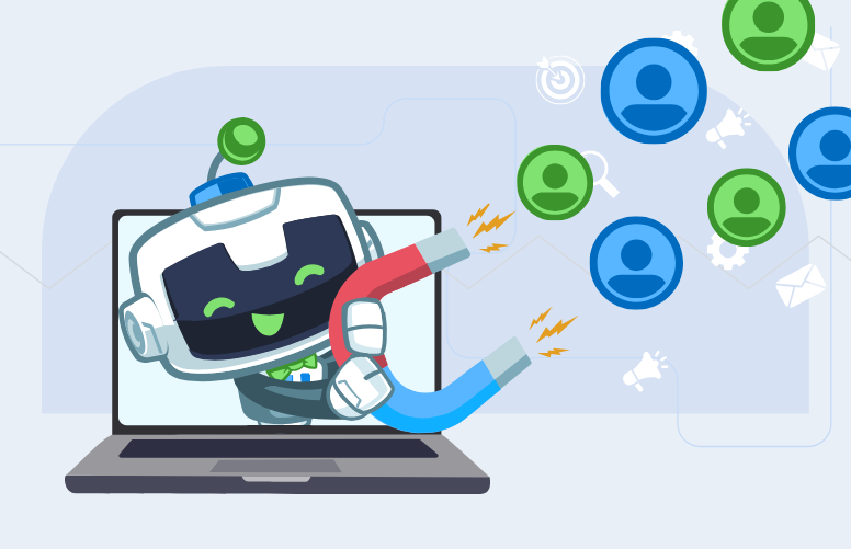 Illustration of Automator mascot, U-Bot, using a magnet to attract user icons, representing automated lead generation for WordPress.