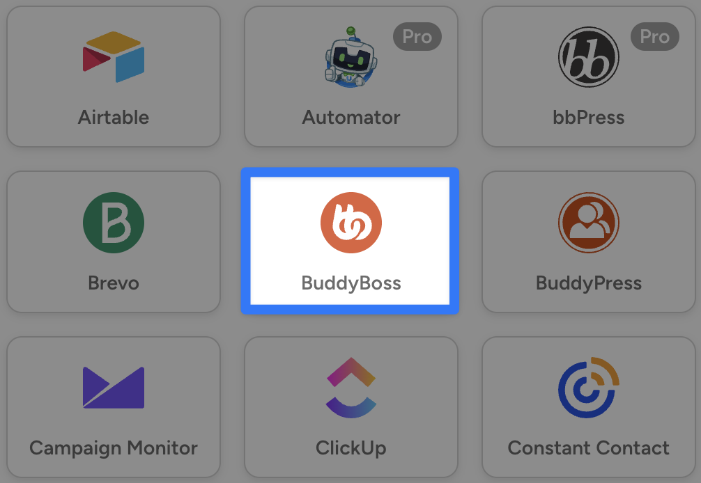 automator-buddyboss-integration Uncanny Automator interface displaying integration options for various plugins, including BuddyBoss. The BuddyBoss integration is highlighted with a blue border, indicating selection.
