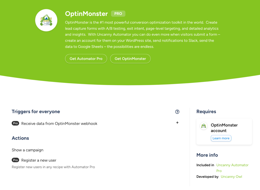 OptinMonster integration page in Uncanny Automator, highlighting triggers, actions, and Pro features.