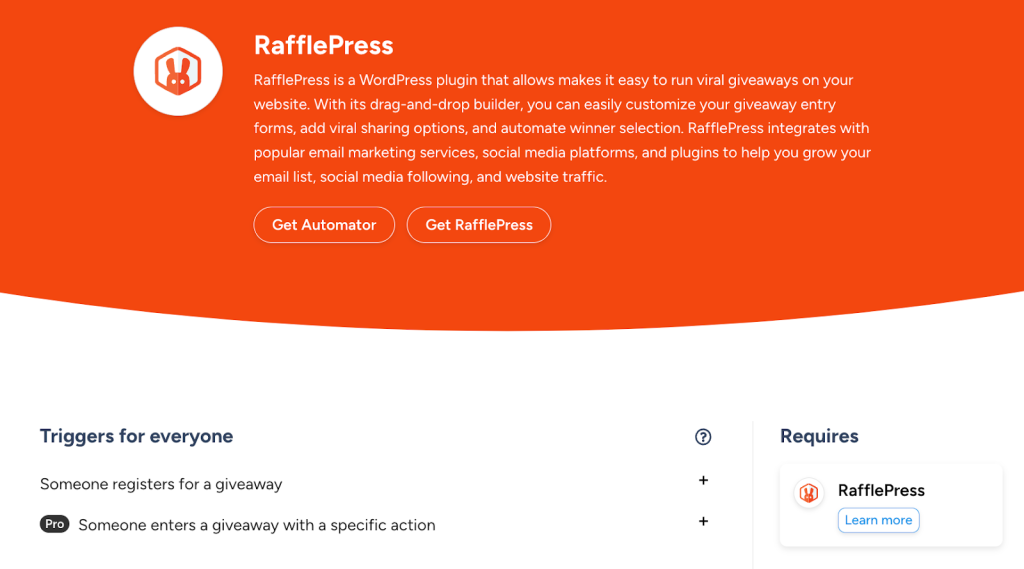 RafflePress integration page in Uncanny Automator, showcasing triggers, requirements, and plugin details.