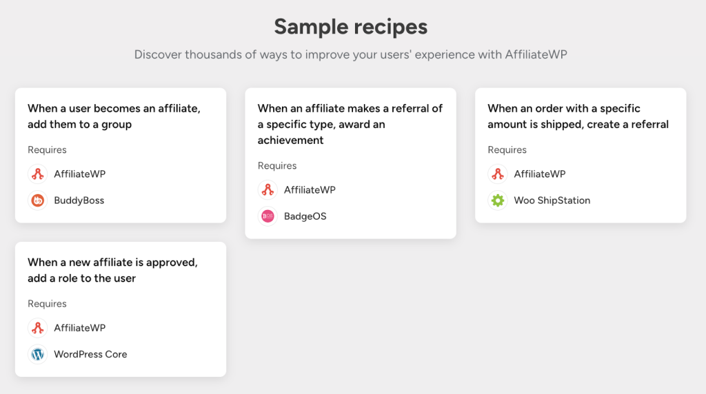 Sample AffiliateWP automation recipes in Uncanny Automator, showcasing triggers and required integrations.