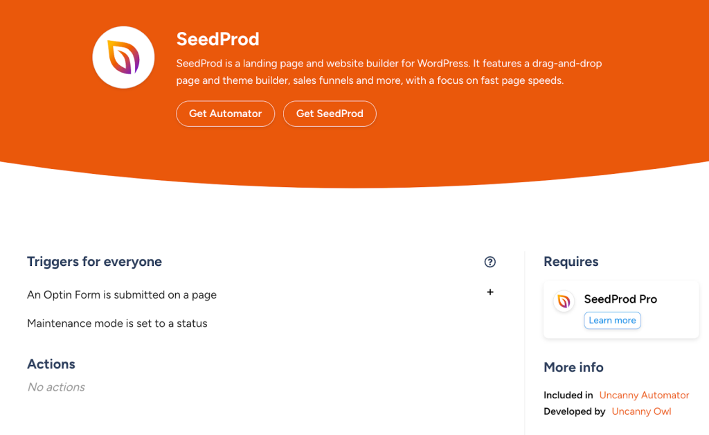 SeedProd integration page in Uncanny Automator, showing available triggers and SeedProd Pro requirement.