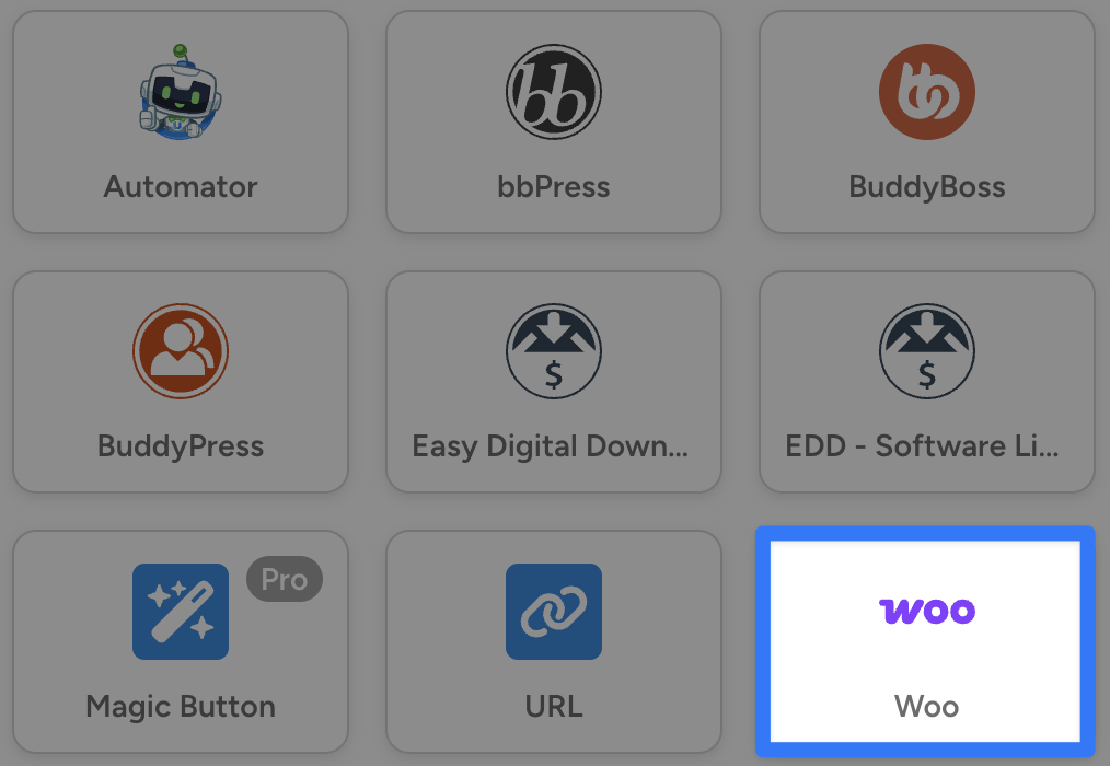 automator-woo-integration Uncanny Automator interface displaying integration options for various plugins, including WooCommerce. The WooCommerce integration is highlighted with a blue border, indicating selection.