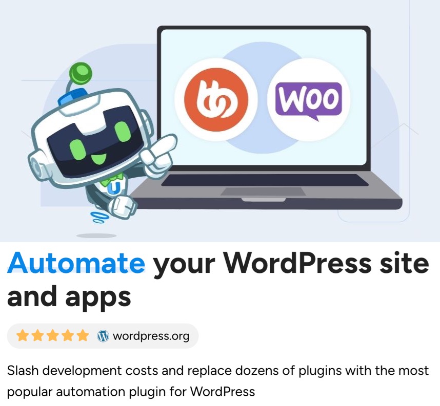 buddyboss-woocommerce-integration-automator-home Uncanny Automator mascot pointing to a laptop with BuddyBoss and WooCommerce logos, promoting integration.
