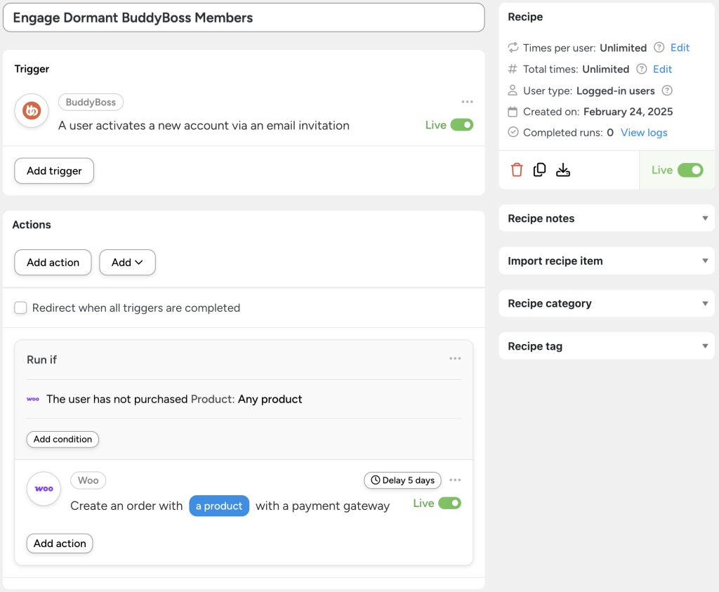 engage-dormant-buddyboss-members Uncanny Automator recipe titled 'Engage Dormant BuddyBoss Members.' This BuddyBoss WooCommerce integration triggers when a user activates a new BuddyBoss account via an email invitation. If the user has not purchased any WooCommerce product, the automation creates an order for a product using a payment gateway after a 5-day delay. This setup effectively connects BuddyBoss to WooCommerce, encouraging new members to make their first purchase through automated engagement strategies.