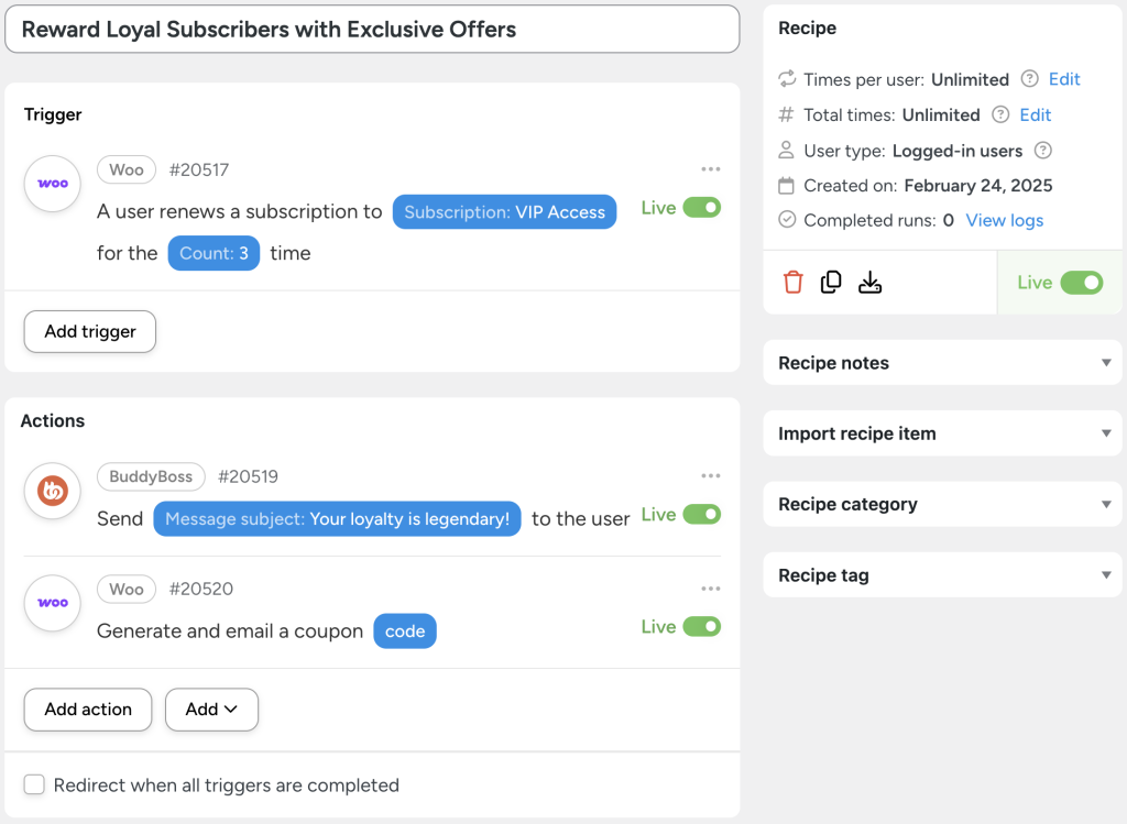 reward-loyal-subscribers-with-exclusive-offers Uncanny Automator recipe titled 'Reward Loyal Subscribers with Exclusive Offers.' This BuddyBoss WooCommerce integration triggers when a user renews their subscription to a product for a third time. The actions send a BuddyBoss private message and generate a WooCommerce coupon code, rewarding long-term subscribers. This setup makes it easy to connect BuddyBoss to WooCommerce for automated loyalty rewards.