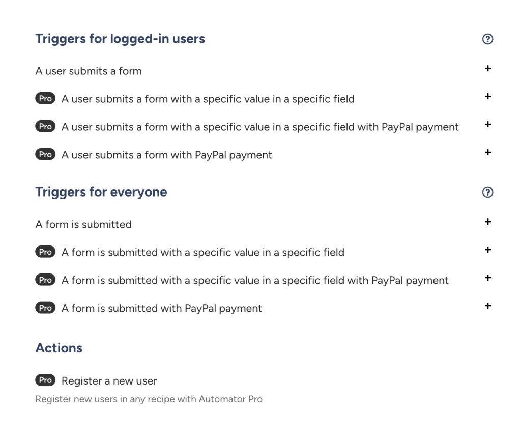 WPForms triggers and actions in Uncanny Automator, showing Pro and free options for logged-in and all users.