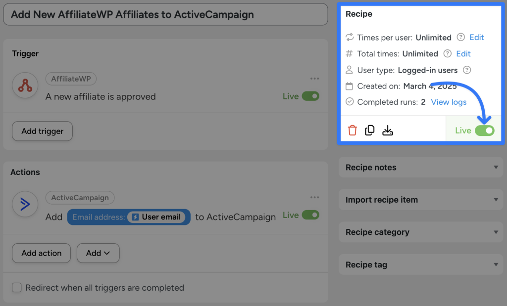 add-new-affiliatewp-affiliates-to-activecampaign-automator-recipe-live Uncanny Automator recipe to connect ActiveCampaign to AffiliateWP is live, adding new approved affiliates automatically.