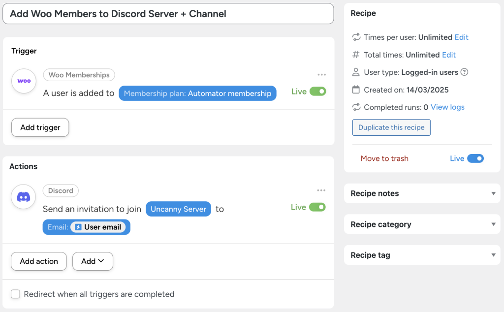 Uncanny Automator recipe to connect Discord to WordPress, adding WooCommerce members to a Discord server automatically when they join a membership plan.