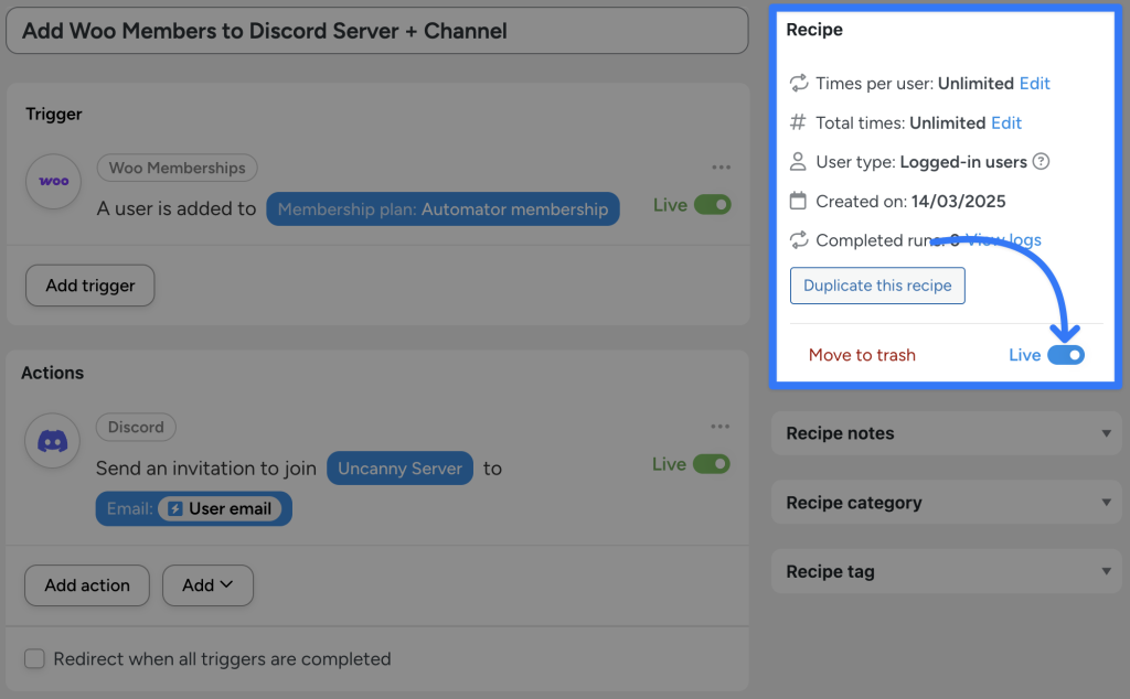 Uncanny Automator recipe to connect Discord to WordPress, automatically inviting WooCommerce members to a Discord server. The "Live" toggle is highlighted, indicating the automation is active.